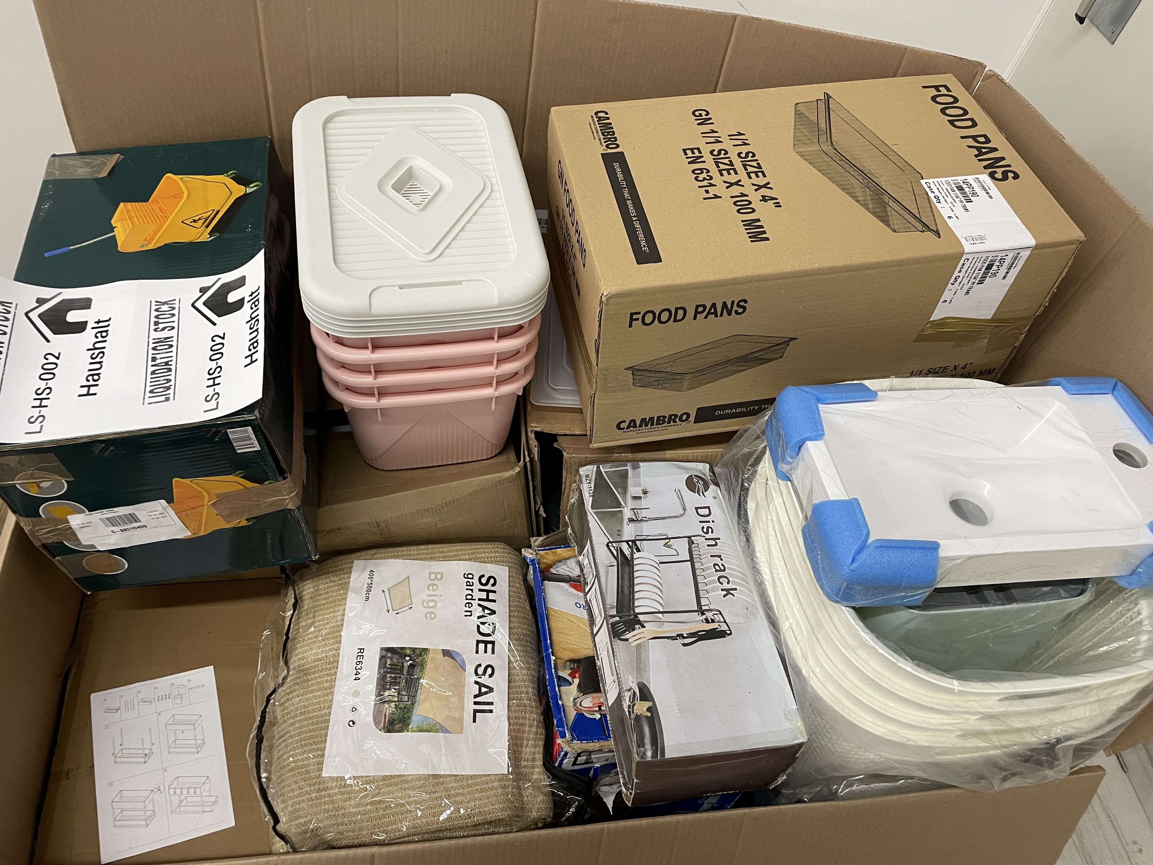 Haushalt Mop, Cambro Food Pans, Storage Bins, Shade Sail, Dish Rack and more