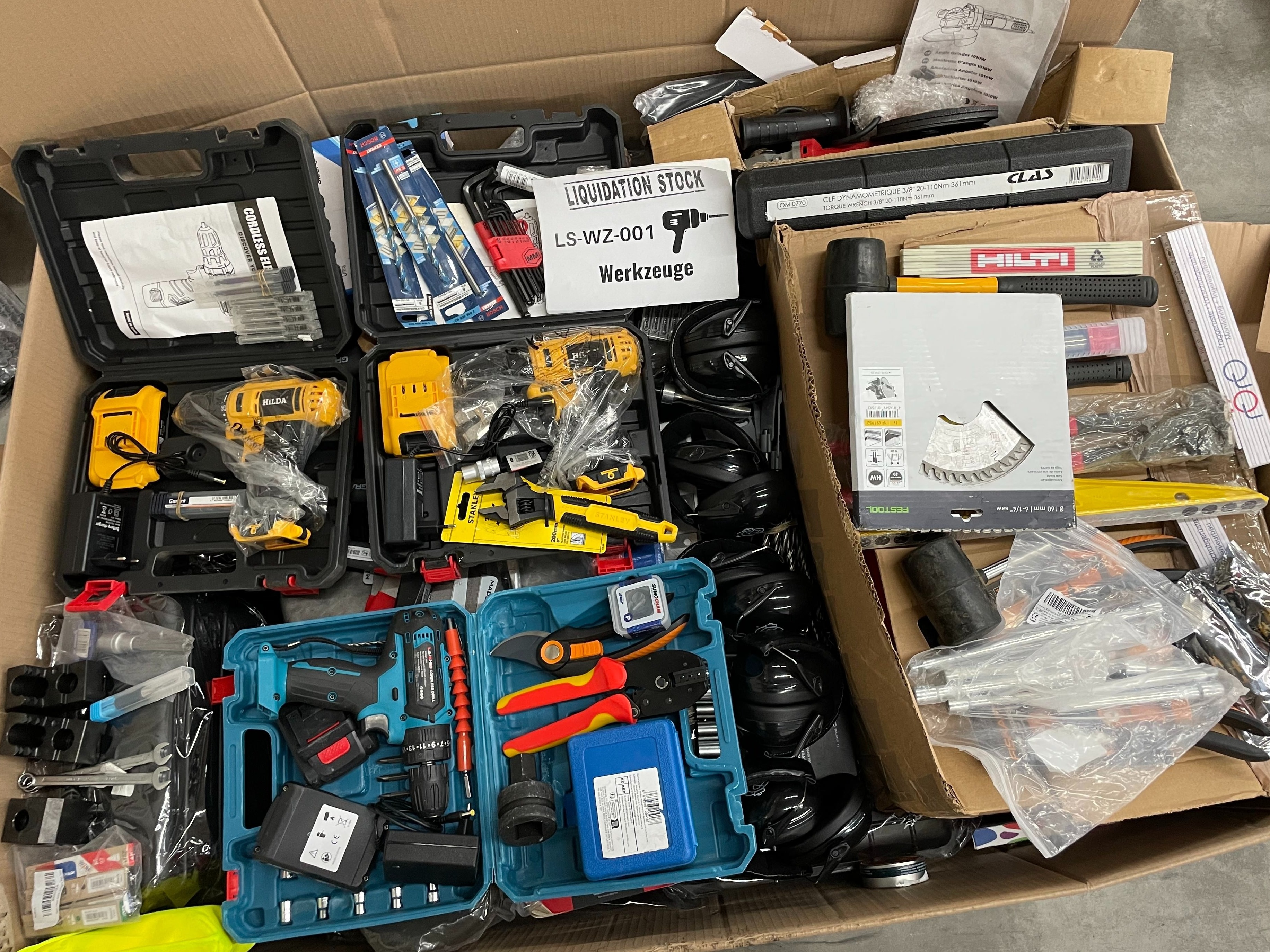 Cordless Drills, Drill Bit Sets, Torque Wrench, Hand tools (pliers, cutter, hammer), Safety Goggles and more