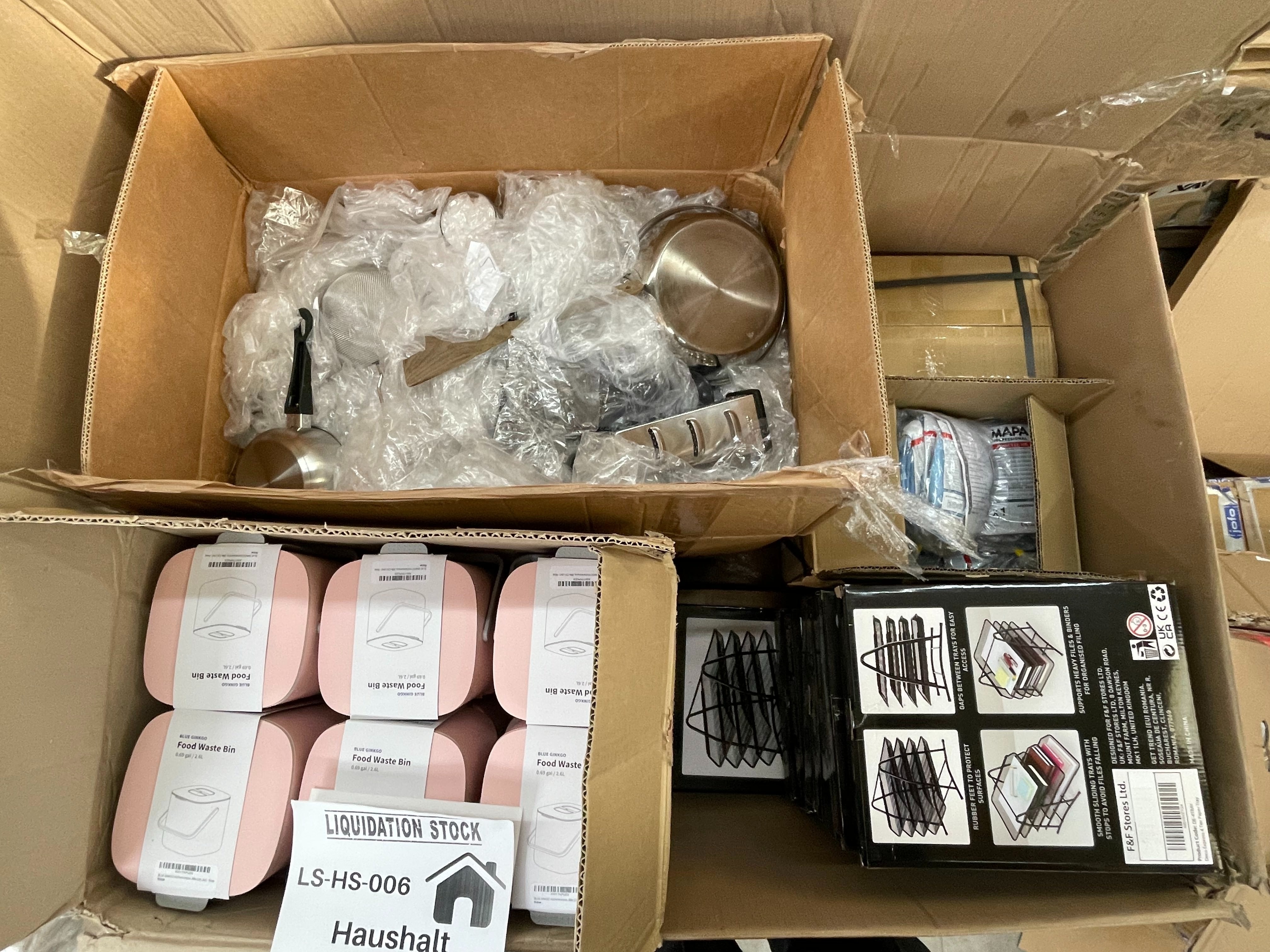 18x Food Waste Bins, 8x Office file Holders, Racks, Kitchenware and more