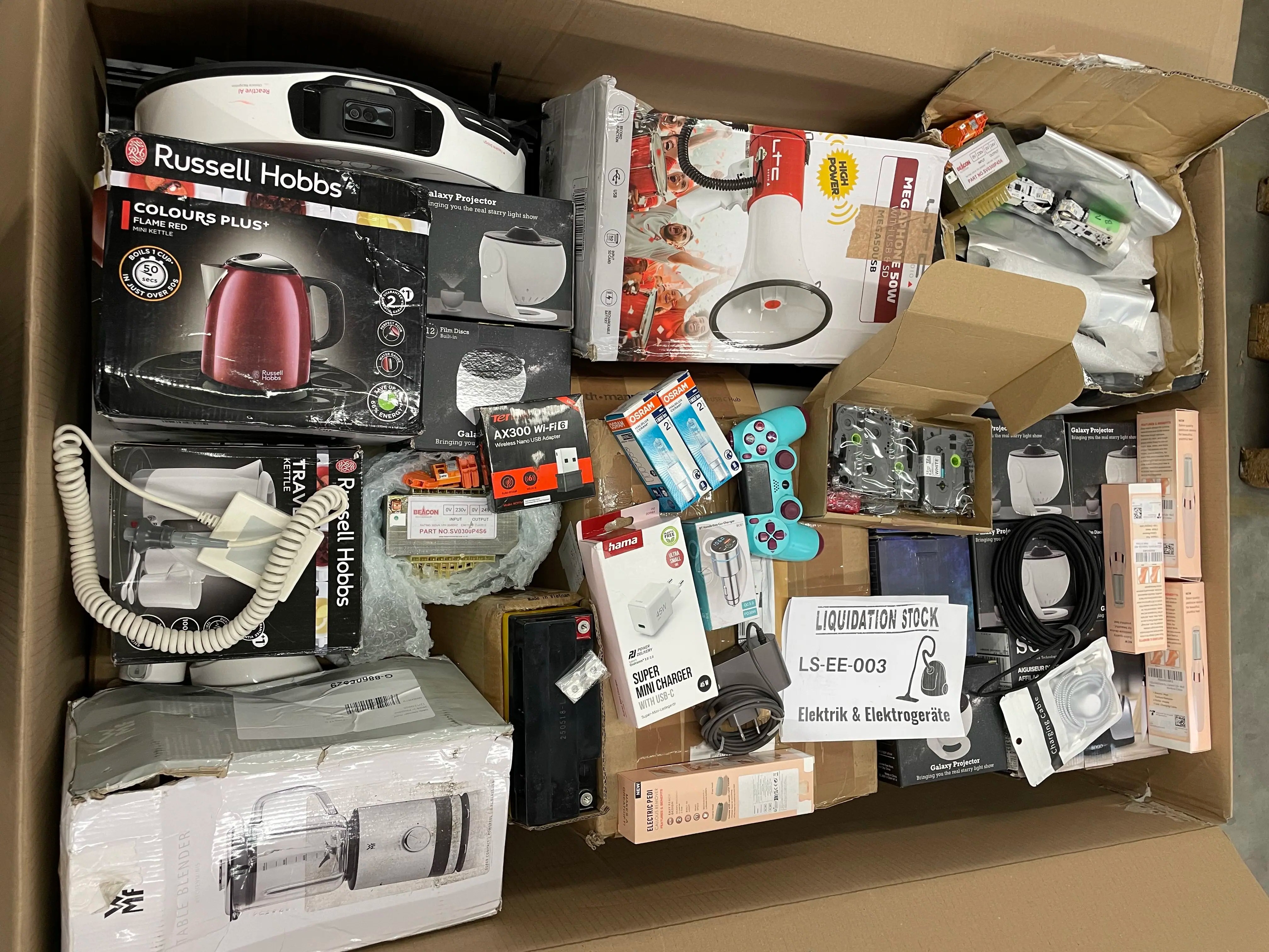 LTC Megafon, Russell Hobbs Reisewasserkocher, WMF Tischmixer, Spielecontroller, Verlängerungskabel, Ladegeräte, Kabel, Glühbirnen, Schalter und mehr