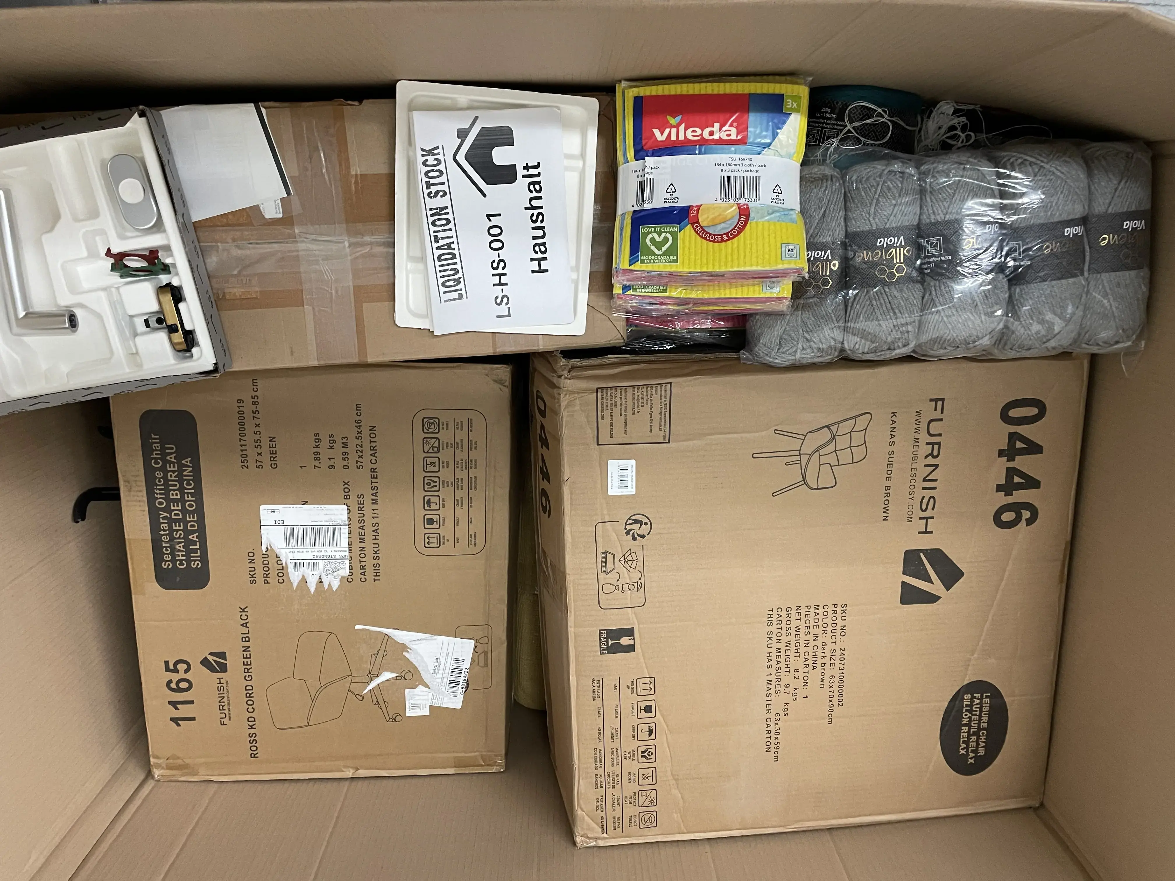 Möbel, Vileda-Stoffe, Garne, Bürostühle und mehr